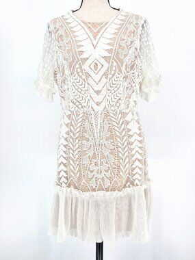 BaeVely Chole Ivory Embroidered Lace Ruffle Boho Mini Dress Medium